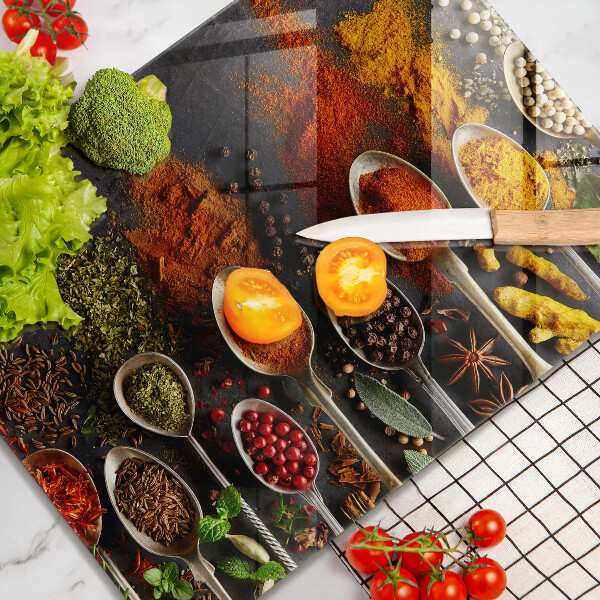 Tabla de cortar de vidrio Cucharas con especias