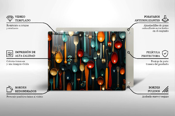 Tabla de cortar de vidrio Cucharas y tenedores de colores