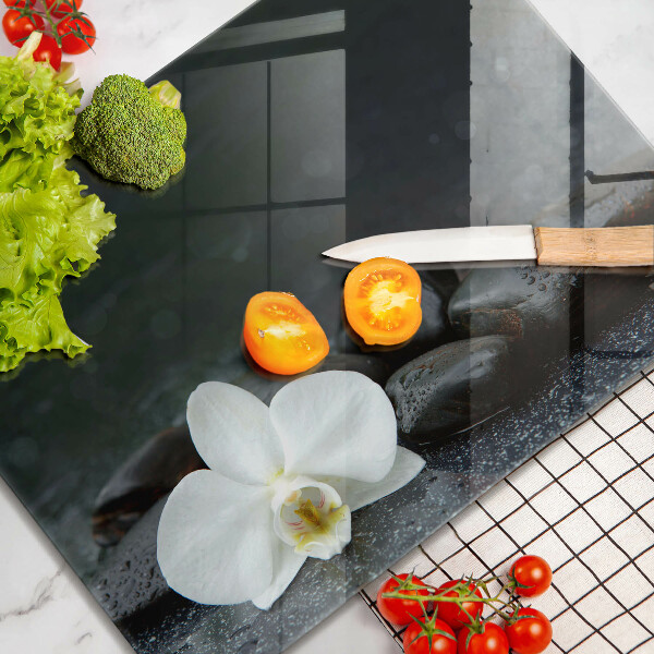 Tabla de cortar de vidrio Piedras zen de flor blanca