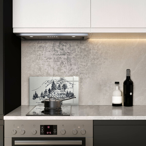 Tabla de cortar de vidrio Dibujo de una cabaña en las montañas