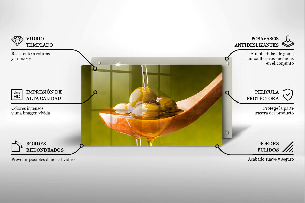 Tabla de cortar de vidrio Aceite de oliva y aceitunas