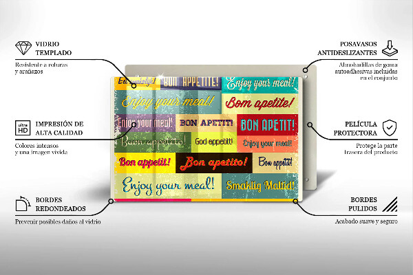 Tabla de cortar de vidrio Subtítulos buen provecho idiomas