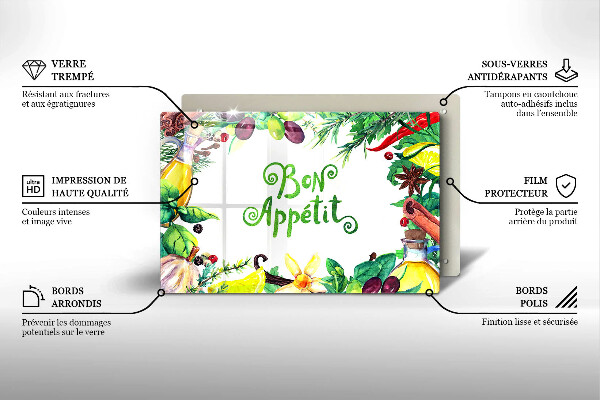 Tabla de cortar de vidrio Inscripción bon appetit