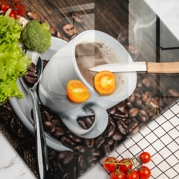 Tabla de cortar de vidrio Taza y granos de café