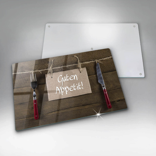 Tabla de cortar de vidrio Inscripción guten appetit sobre tablas de madera
