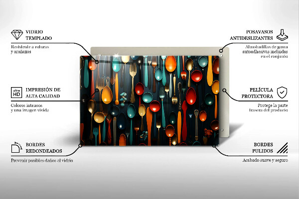 Tabla de cortar de vidrio Cucharas y tenedores de colores