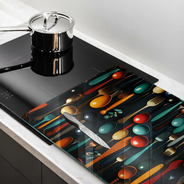 Tabla de cortar de vidrio Cucharas y tenedores de colores