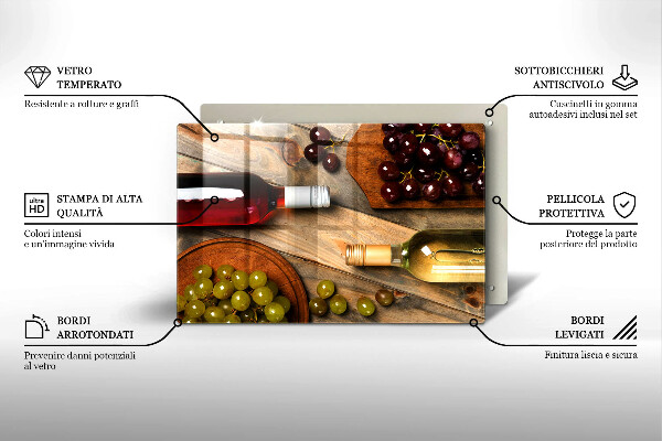 Tabla de cortar de vidrio Botellas de vino y uvas