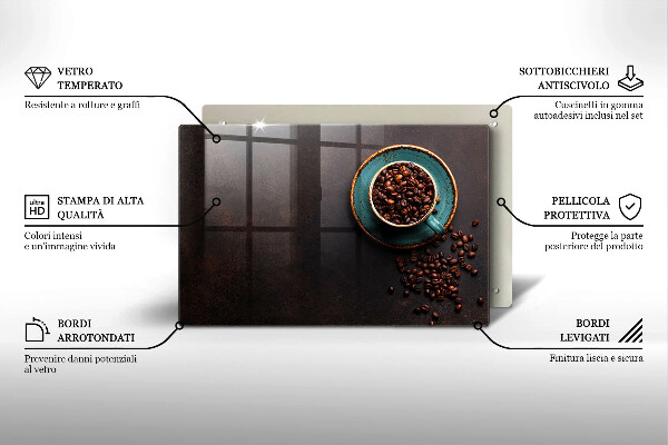 Tabla de cortar de vidrio Una taza de granos de café