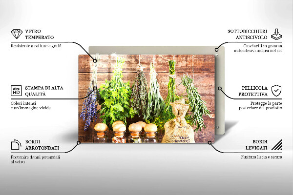Tabla de cortar de vidrio Hierbas especias y madera