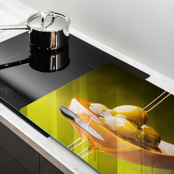 Tabla de cortar de vidrio Aceite de oliva y aceitunas