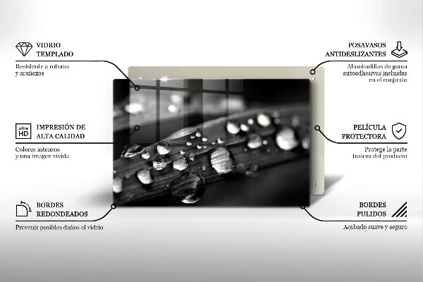 Tabla de cortar de vidrio Gotas de rocío sobre las hojas