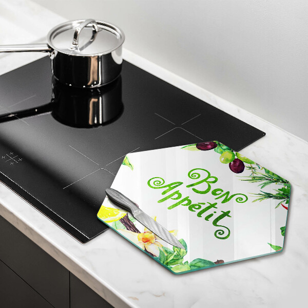 Tabla de cortar de vidrio Inscripción de bon appetit