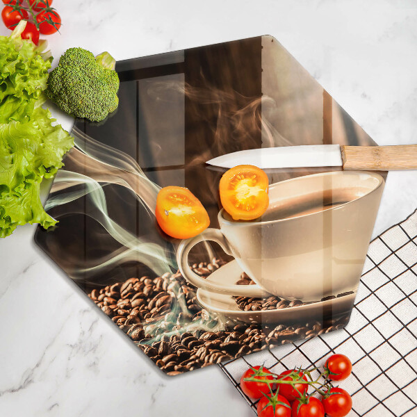 Tabla de cortar de vidrio Taza y granos de café