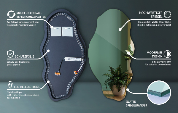 Espejo organico con luz led elegante 45x90 cm