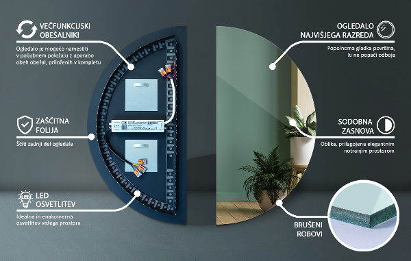 Espejo en forma de medio círculo con led 35x70 cm