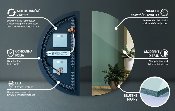 Espejo en forma de medio círculo con led 35x70 cm