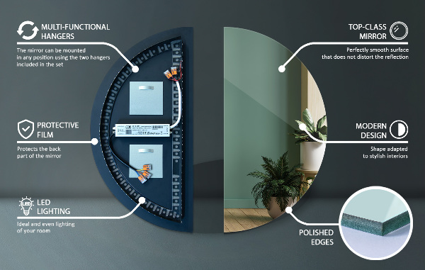 Espejo de medio círculo iluminado con led 45x90 cm