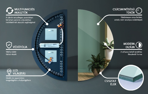 Espejo semicircular con luz led 50x100 cm