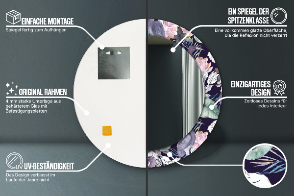 Espejo redondo marco con estampado decorativo Pájaros garzas