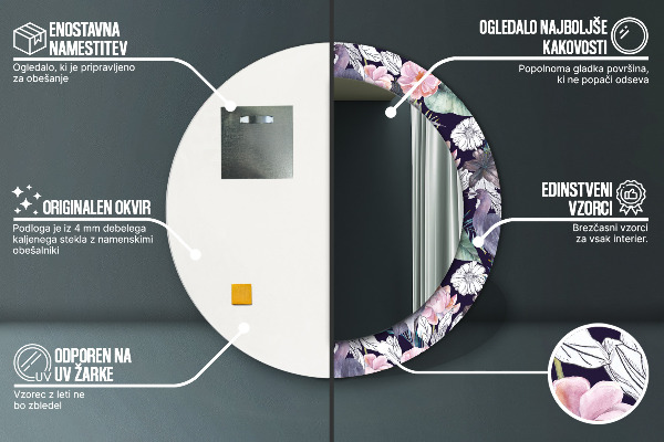 Espejo redondo marco con estampado decorativo Pájaros garzas