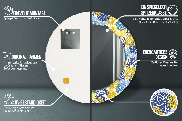 Espejo redondo marco con estampado decorativo Flores azules