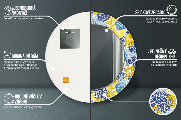 Espejo redondo marco con estampado decorativo Flores azules