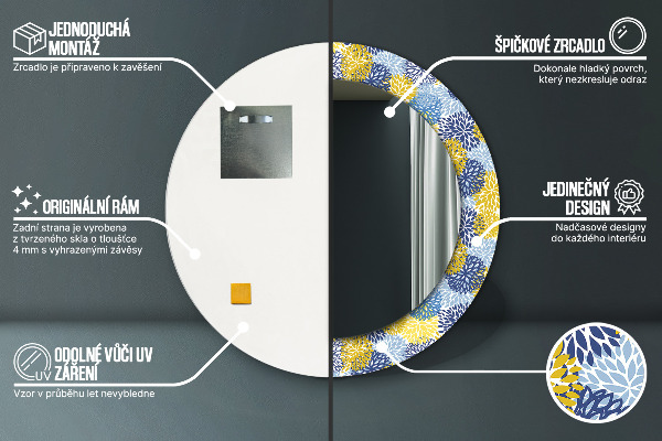 Espejo redondo marco con estampado decorativo Flores azules