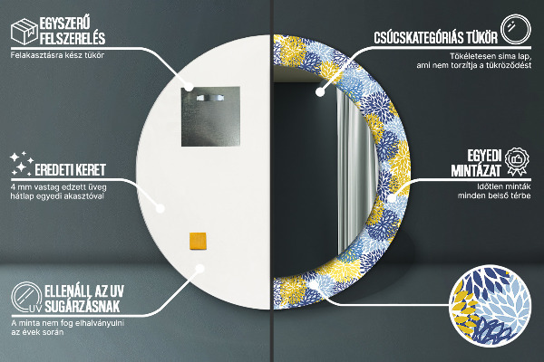 Espejo redondo marco con estampado decorativo Flores azules