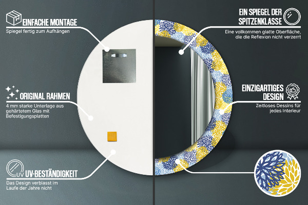 Espejo redondo marco con estampado decorativo Flores azules