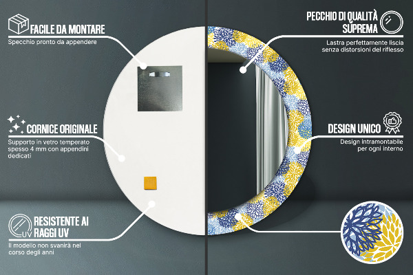 Espejo redondo marco con estampado decorativo Flores azules