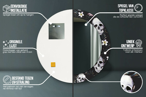 Espejo redondo con decoración Flores de calavera