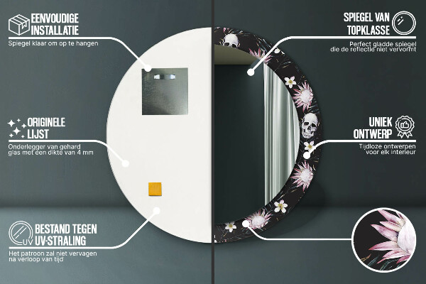 Espejo redondo con decoración Flores de calavera