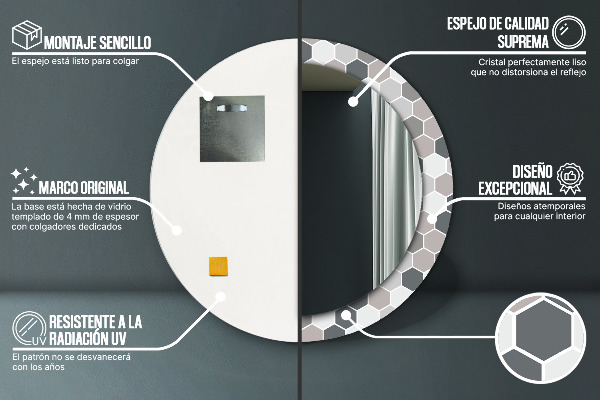 Espejo redondo marco con estampado decorativo Patrón hexagonal