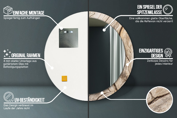 Espejo redondo marco con estampado decorativo Madera agrietada