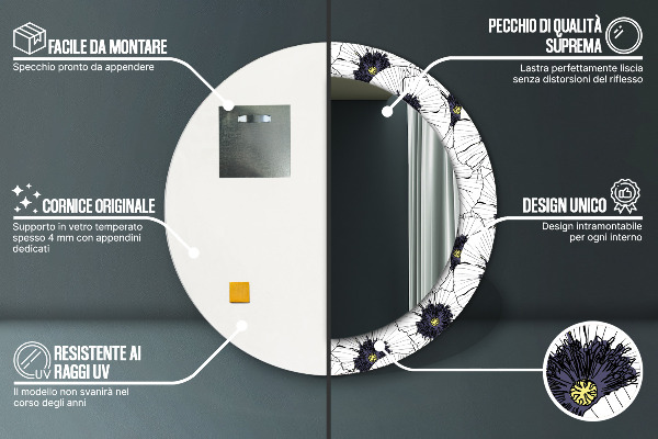 Espejo redondo impreso decorativo redondo Composición de flores lineales