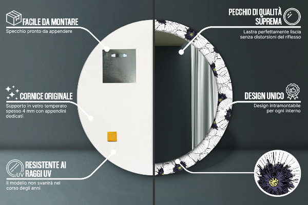 Espejo redondo impreso decorativo redondo Composición de flores lineales