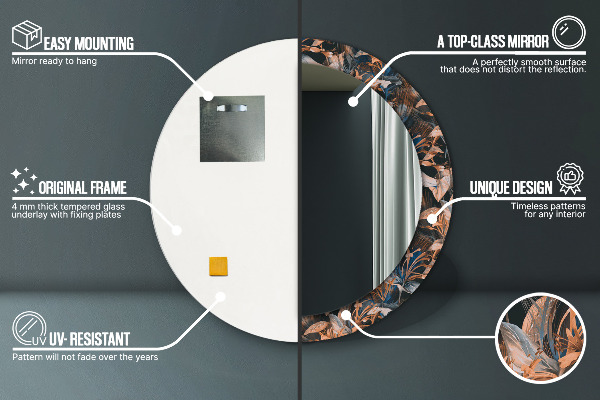 Espejo redondo marco estampado Hojas tropicales oscuras