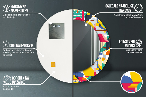 Espejo redondo marco estampado Aves tropicales geométricas