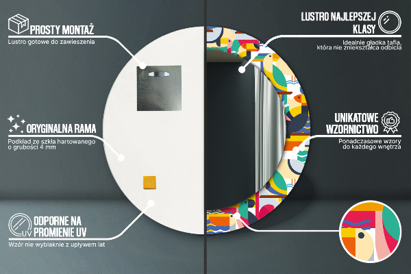 Espejo redondo marco estampado Aves tropicales geométricas