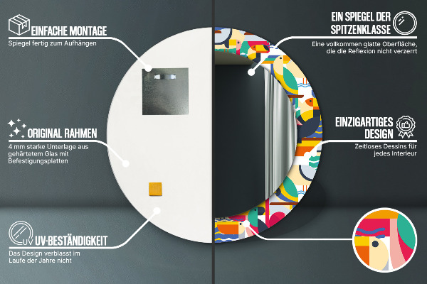 Espejo redondo marco estampado Aves tropicales geométricas