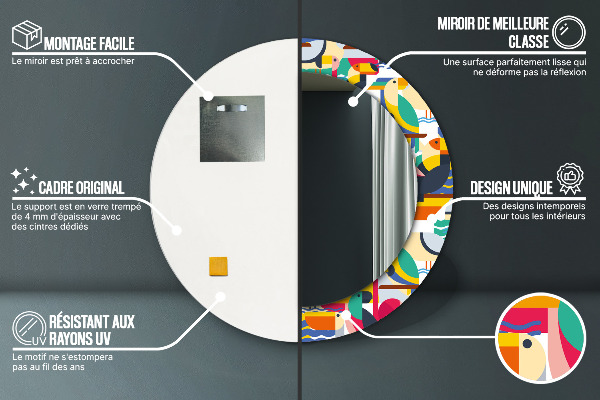 Espejo redondo marco estampado Aves tropicales geométricas