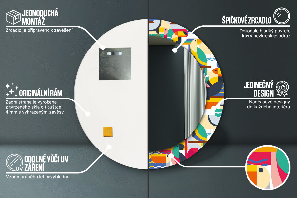 Espejo redondo marco estampado Aves tropicales geométricas