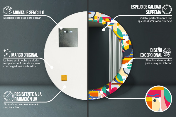 Espejo redondo marco estampado Aves tropicales geométricas