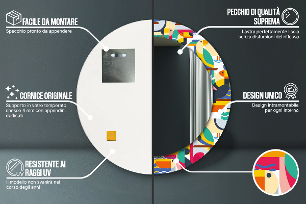 Espejo redondo marco estampado Aves tropicales geométricas