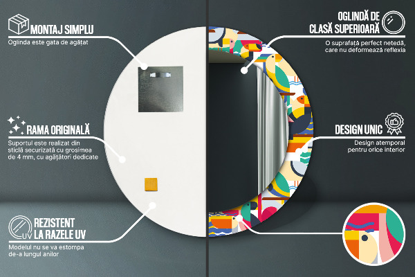 Espejo redondo marco estampado Aves tropicales geométricas