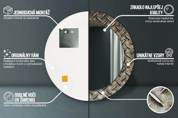 Espejo redondo marco con estampado decorativo Textura de acero