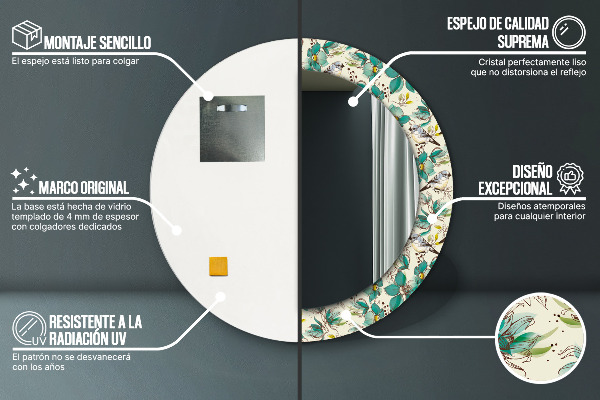 Espejo ścienne decorativo redondo Flores y pájaros