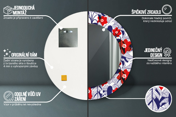 Espejo redondo marco estampado Filodendro y flores rojas