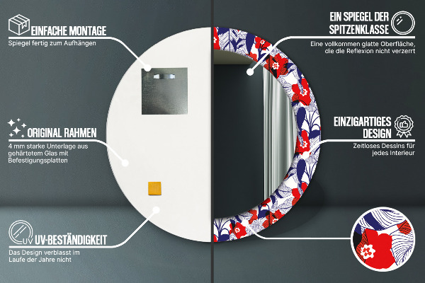 Espejo redondo marco estampado Filodendro y flores rojas